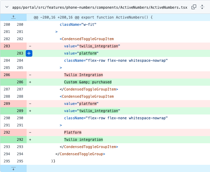 A small code diff changing Twilio integration labels to platform and custom purchased labels.